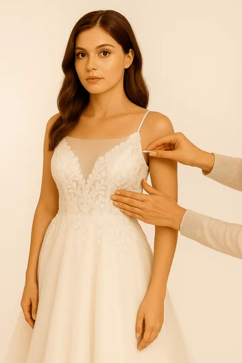 Wedding dress neckline alteration showing raised neckline for added modesty and coverage